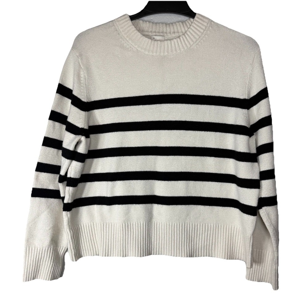 White Black Striped Knit Pullover Sweater Crew Neck Long Sleeve L by A New Day